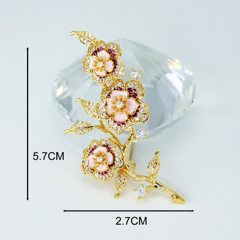 Trendy Enamel Plum Blossom Brooches Shiny CZ Flower Pins For Women Men Dress Scarf Corsage Wedding Jewelry Clothing Accessories