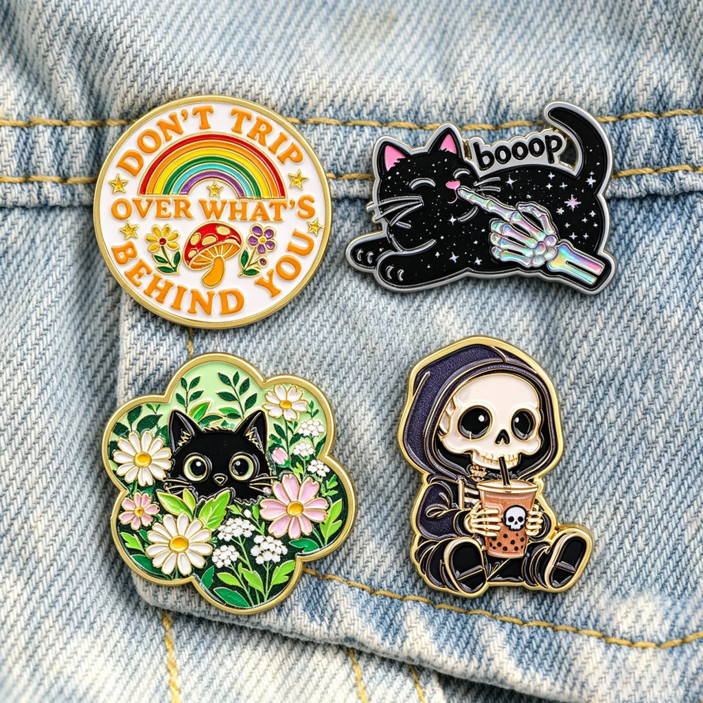 Vintage Gothic Enamel Pins Black Cat Skeleton Brooches Lapel Badges Rainbow Cartoon Metal Pin For Backpack Jacket Gift
