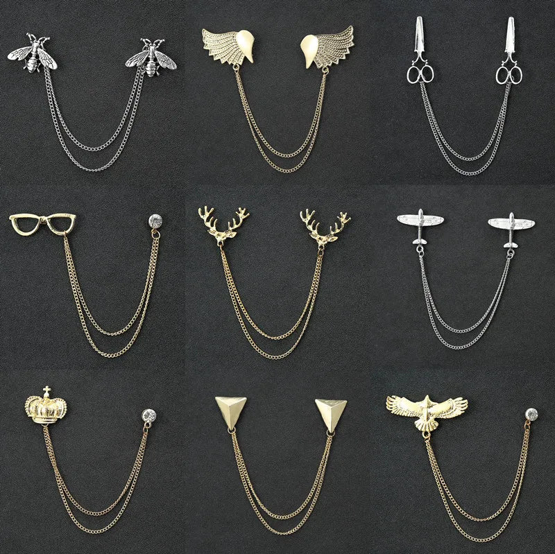 Stylish and simple men's chain rudder brooch fun glasses deer head with chain personalized suit accessories corsage cross-border