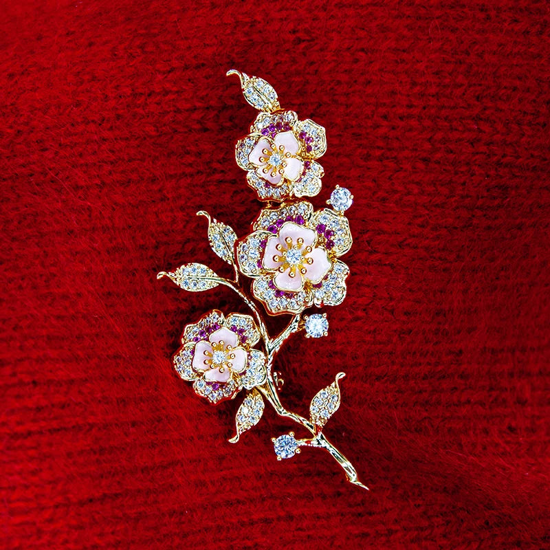 Trendy Enamel Plum Blossom Brooches Shiny CZ Flower Pins For Women Men Dress Scarf Corsage Wedding Jewelry Clothing Accessories